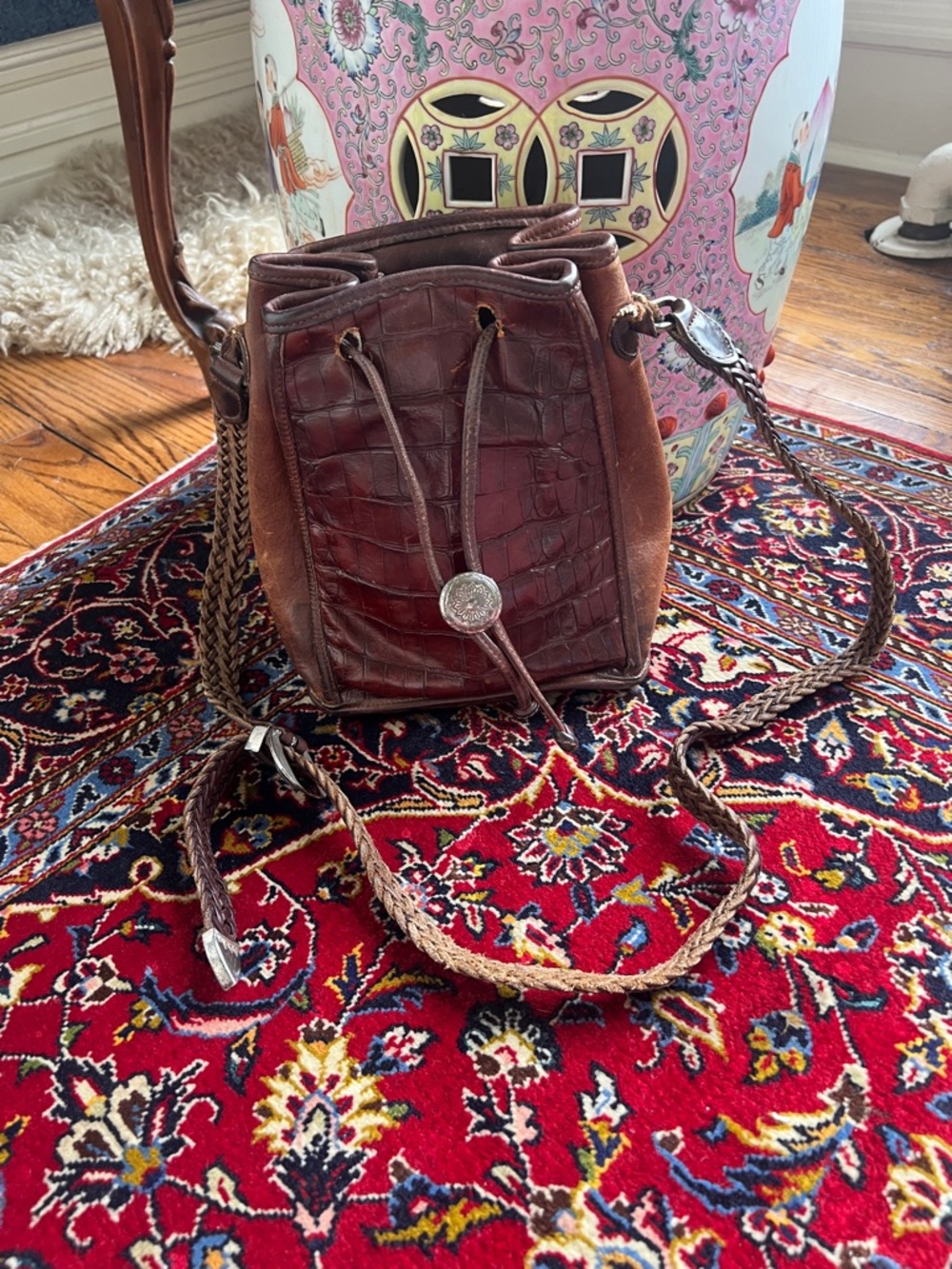 Brighton Vintage Brown Leather Drawstring Crossbody Bag
